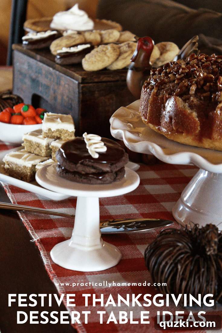 Thanksgiving dessert table decorated with a buffalo plaid runner and autumn elements.