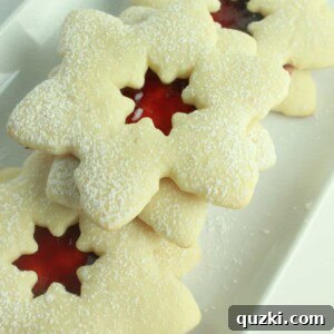 A finished snowflake Linzer cookie, beautifully assembled with jam and powdered sugar.