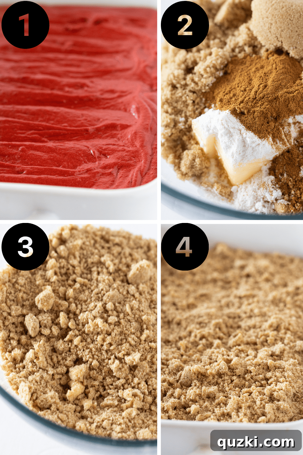 Effortless Red Velvet Crumb Cake From A Box Mix 4 A visual guide showing the steps for making the red velvet cake batter, preparing the crumb topping, and assembling the cake before baking.