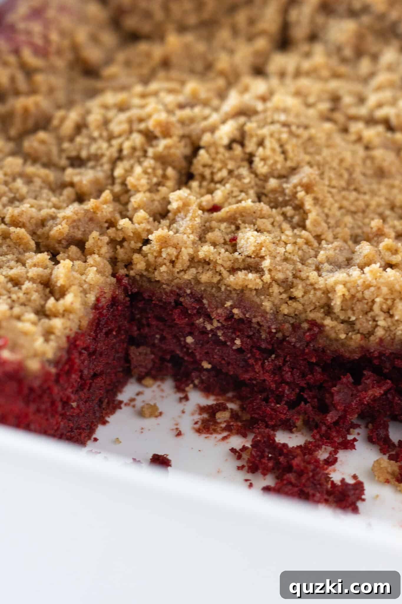 Effortless Red Velvet Crumb Cake From A Box Mix 5 The finished Easy Red Velvet Crumb Cake cooling in a 9x13 pan after baking.