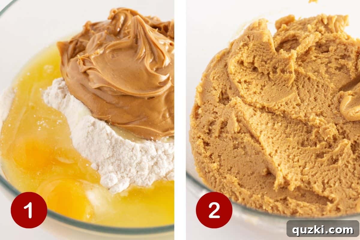 Peanut Butter Cake Mix Bliss 4 Two images side-by-side. The first shows yellow cake mix, peanut butter, melted butter, and eggs in a bowl. The second shows the ingredients being mixed into a cohesive cookie dough.