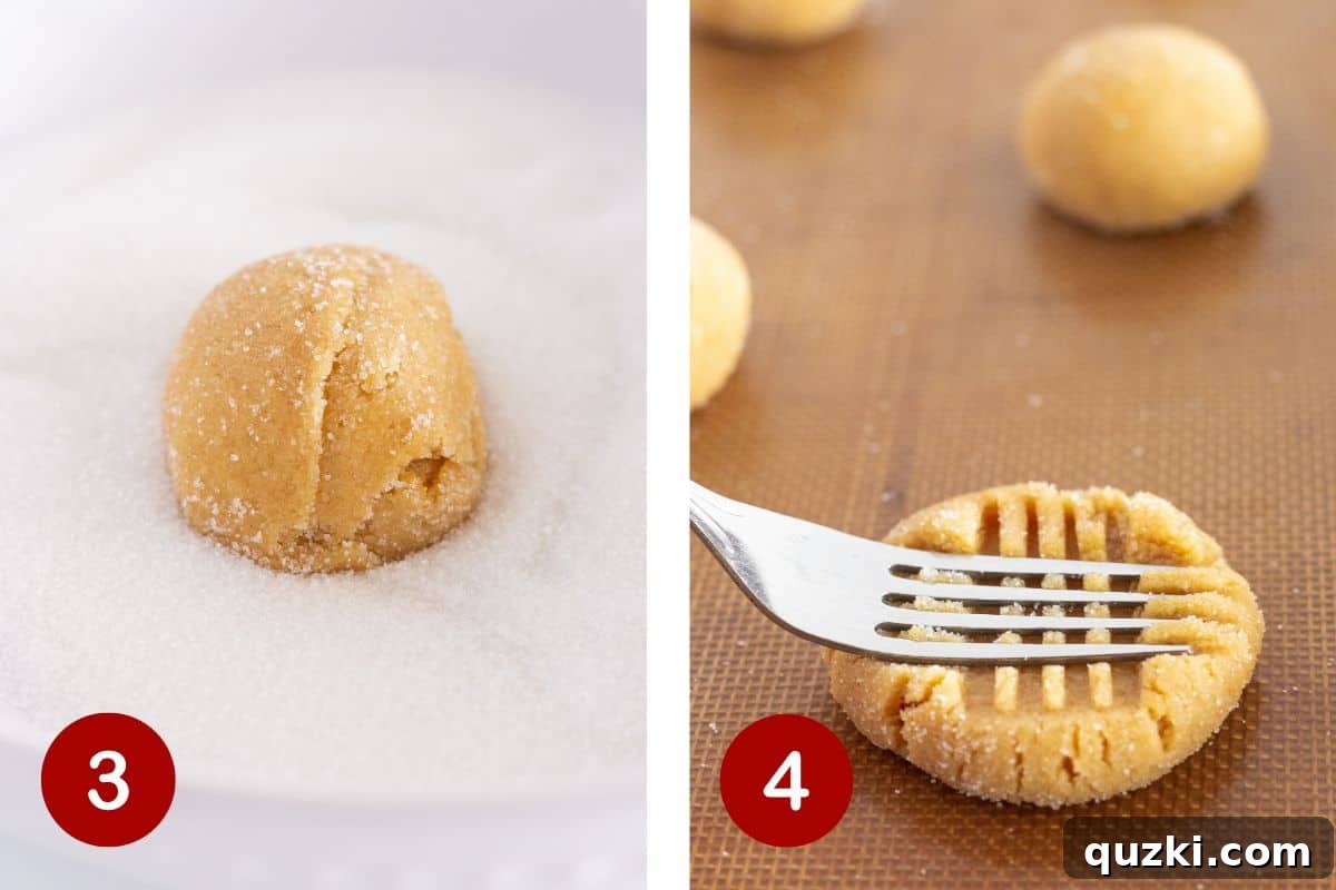 Peanut Butter Cake Mix Bliss 5 Two images side-by-side. The first shows cookie dough balls being rolled in sugar. The second shows a fork pressing the classic criss-cross pattern into the top of cookie dough balls on a baking sheet.
