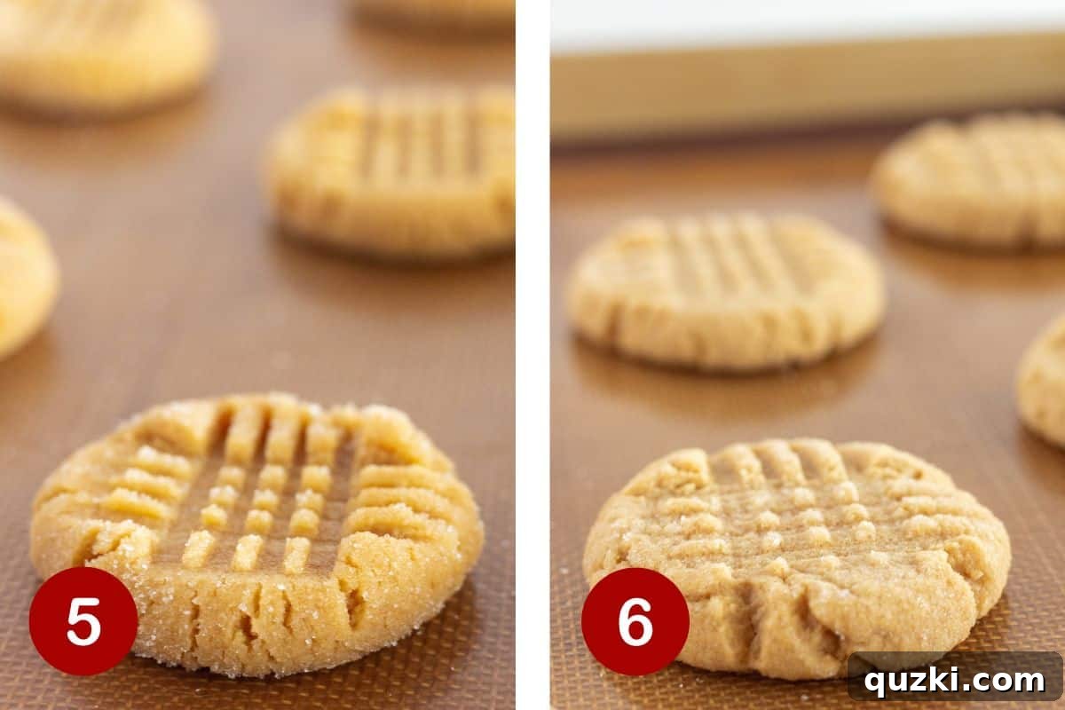 Peanut Butter Cake Mix Bliss 6 Two images side-by-side. The first shows a full baking sheet of raw peanut butter cookies with criss-cross marks. The second shows baked cookies cooling on the same baking sheet.