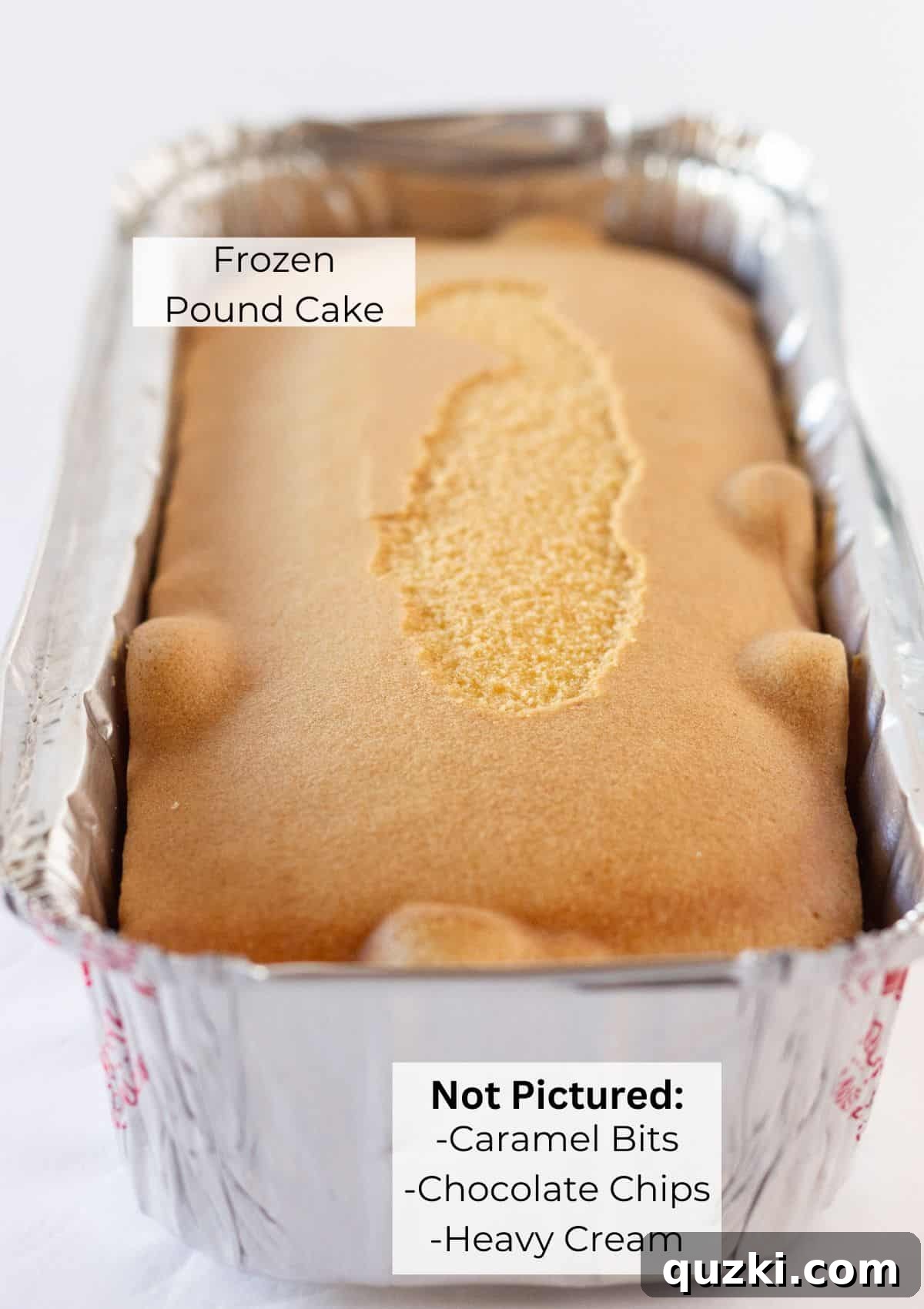A frozen pound cake, still in its packaging, ready for use in the Twix cake recipe.