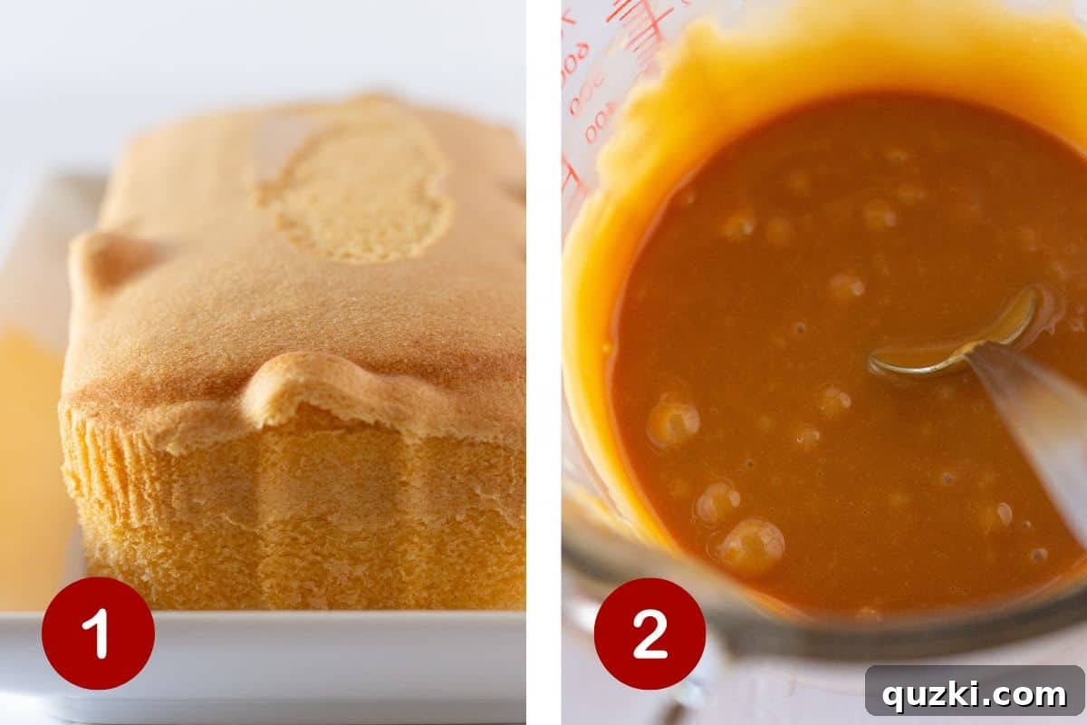 Two images side-by-side: a pound cake being removed from its packaging, and caramel bits melting in a bowl with heavy cream.