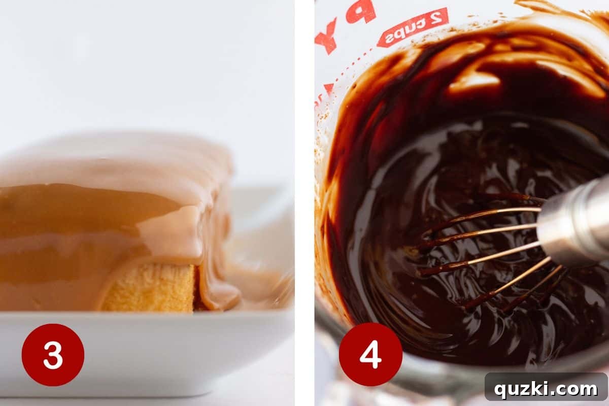 Two images side-by-side: caramel being poured over the pound cake, and a bowl of chocolate chips and heavy cream ready to be microwaved for ganache.