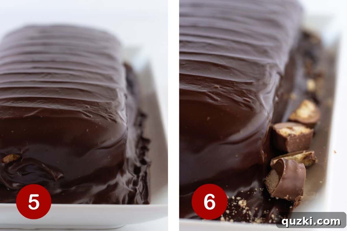 Three images showing the final steps: pouring chocolate ganache over the cake, the cake chilling in the refrigerator, and the finished cake garnished with chopped Twix bars.