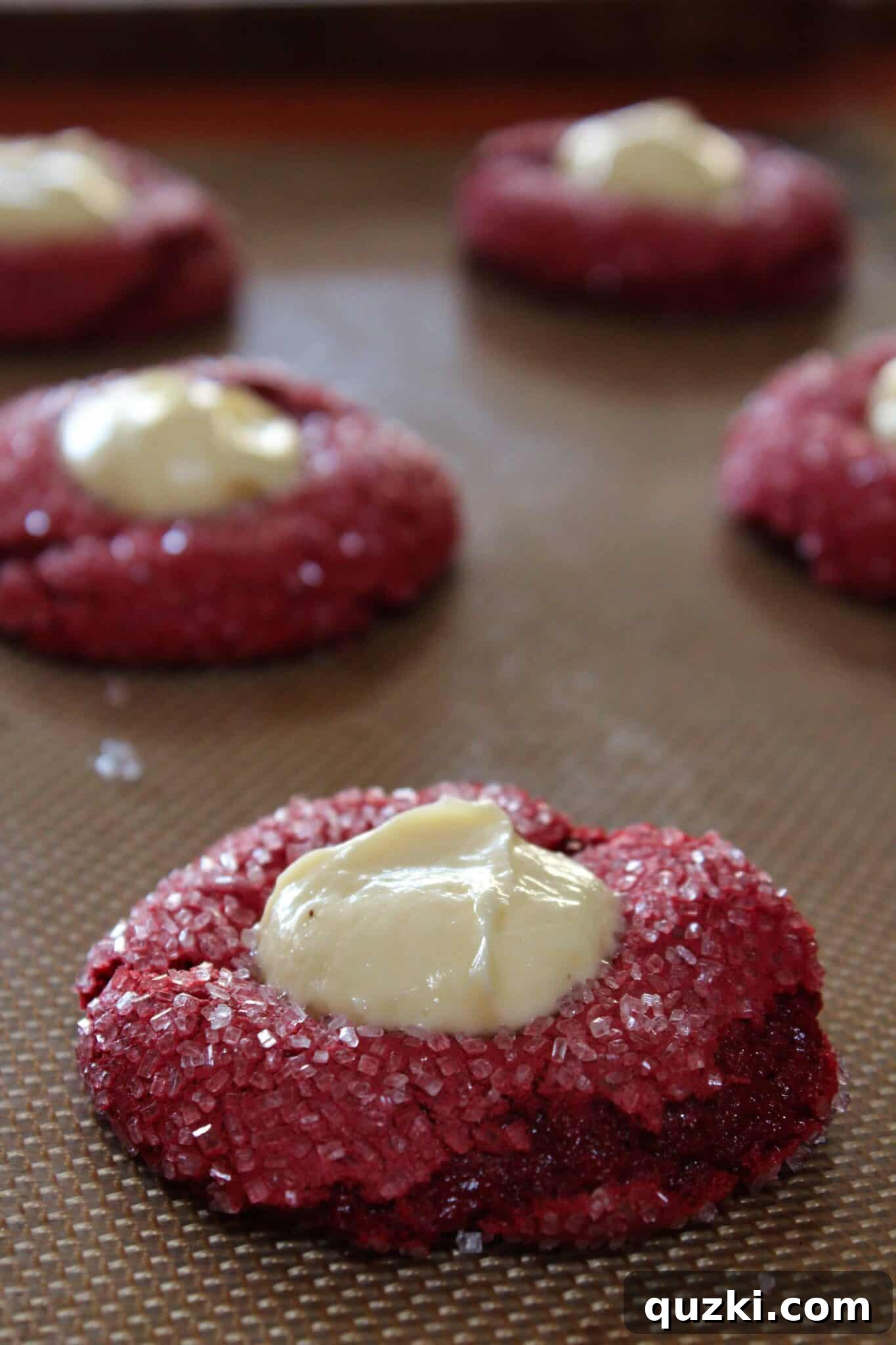Indulgent Valentines Red Velvet Cheesecake Cookies Cake Mix Magic 12 Spreading cheesecake filling evenly within the red velvet cookies before final baking