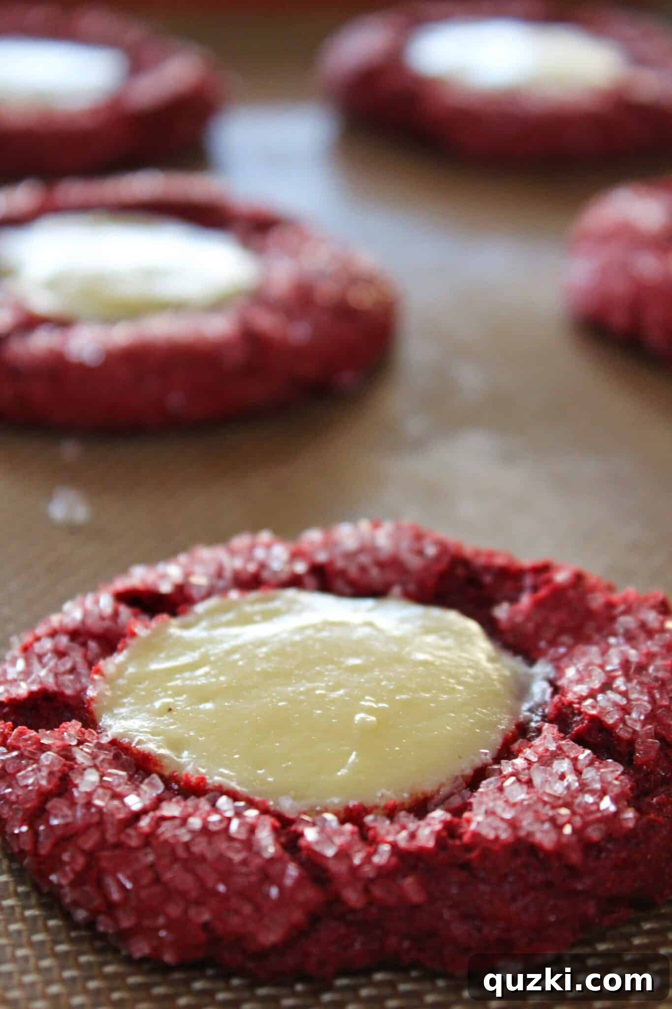 Indulgent Valentines Red Velvet Cheesecake Cookies Cake Mix Magic 13 Freshly baked Red Velvet Cheesecake Cookies cooling on a baking sheet, ready to be enjoyed