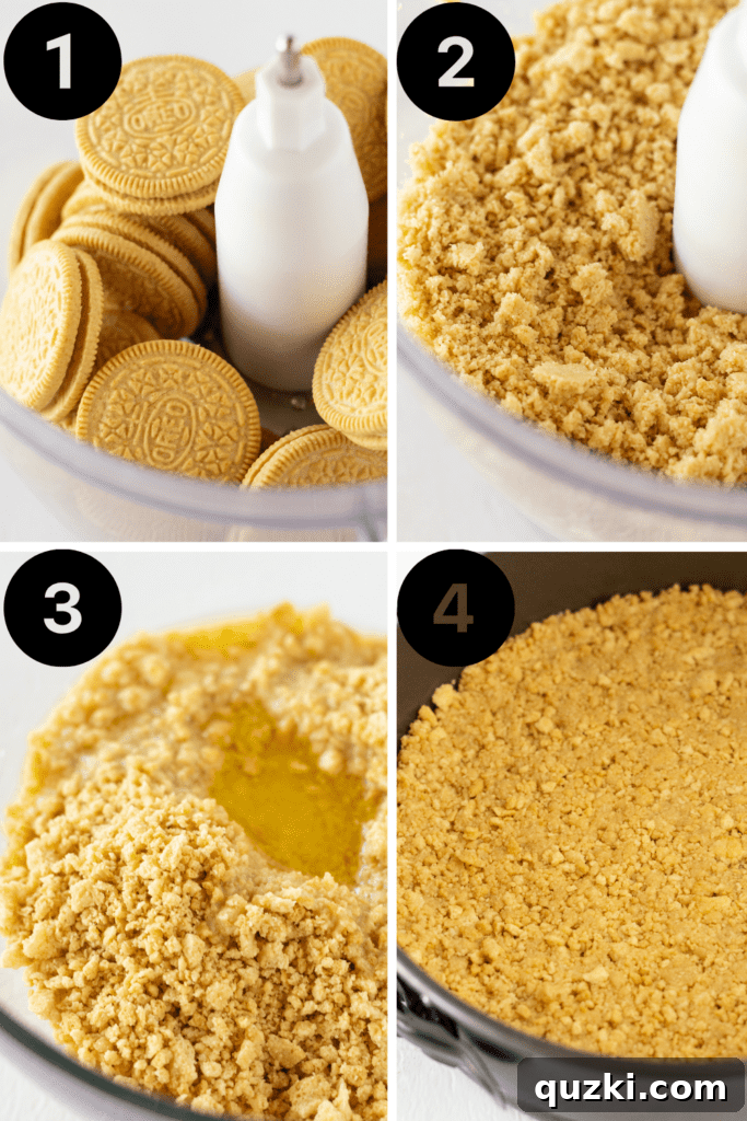 Golden Oreo Dream No-Bake Cheesecake 4 Golden Oreo crumbs mixed with butter, pressed into a springform pan for the cheesecake crust.