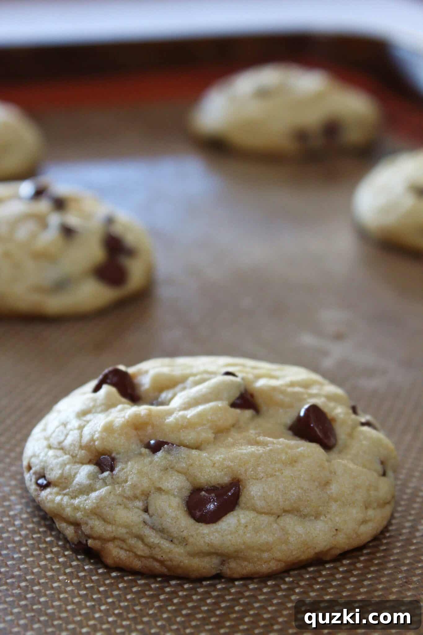 Melt-in-Your-Mouth Soft Chocolate Chip Delights 13 Freshly baked soft chocolate chip cookies cooling on a baking sheet.