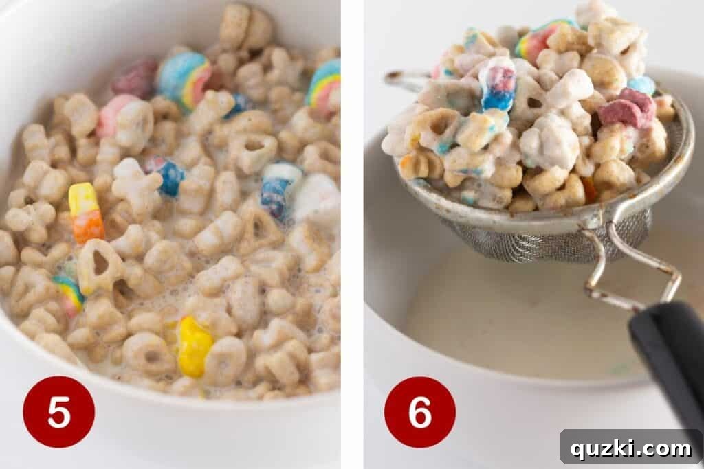 Heavy cream being strained from Lucky Charms cereal through a fine sieve, separating the flavorful cereal milk for the frosting.