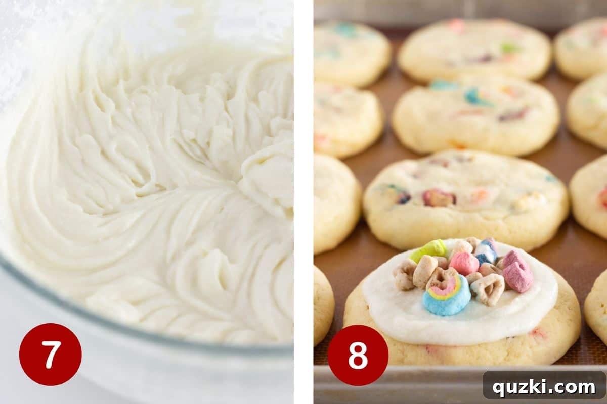 A freshly frosted Lucky Charms cookie, garnished with extra cereal, ready to be enjoyed.