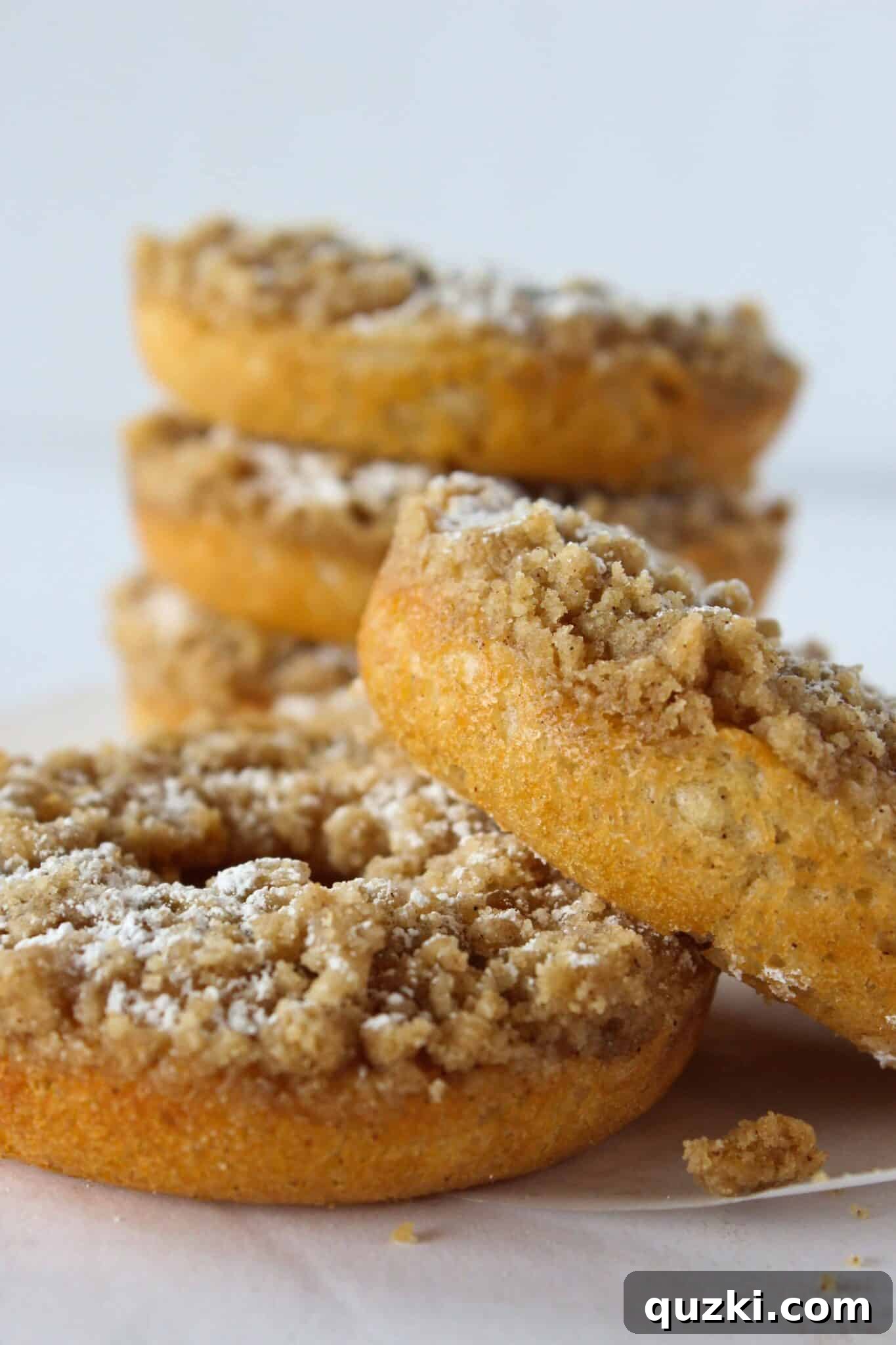Easy Cinnamon Crumb Donut Recipe Made with a Pancake Mix featured by top US dessert blog, Practically Homemade