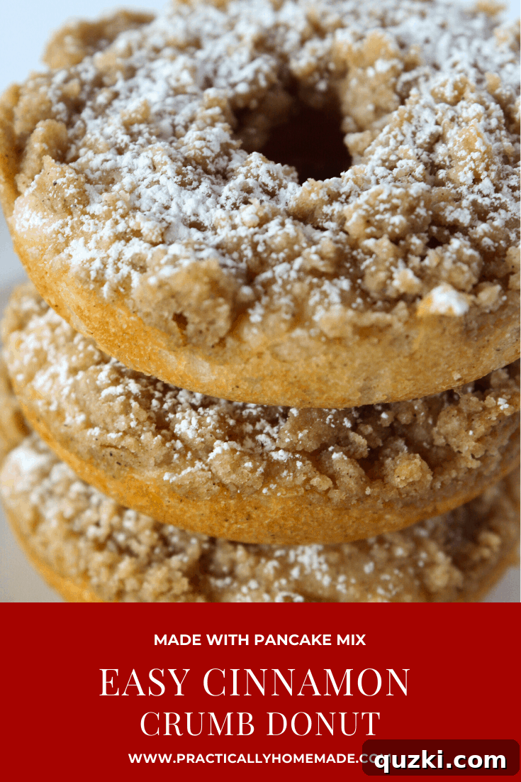 Easy Cinnamon Crumb Donut Recipe Made with a Pancake Mix featured by top US dessert blog, Practically Homemade