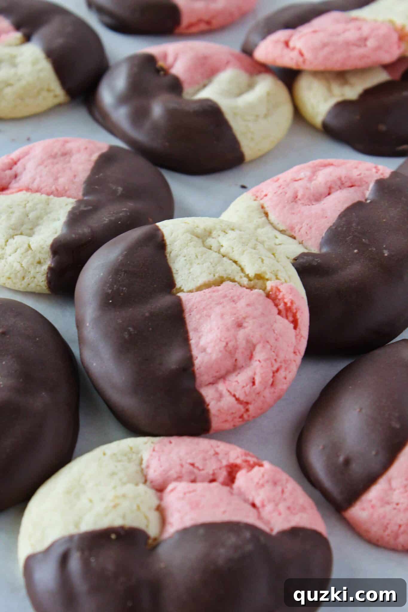 Another close-up of a stack of Neapolitan Cookies, highlighting their delicious texture and chocolate coating