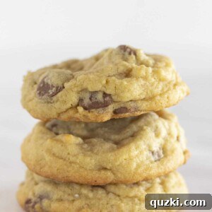 Close-up of a single, perfectly baked super soft chocolate chip cookie from Grandma Pearl's recipe.