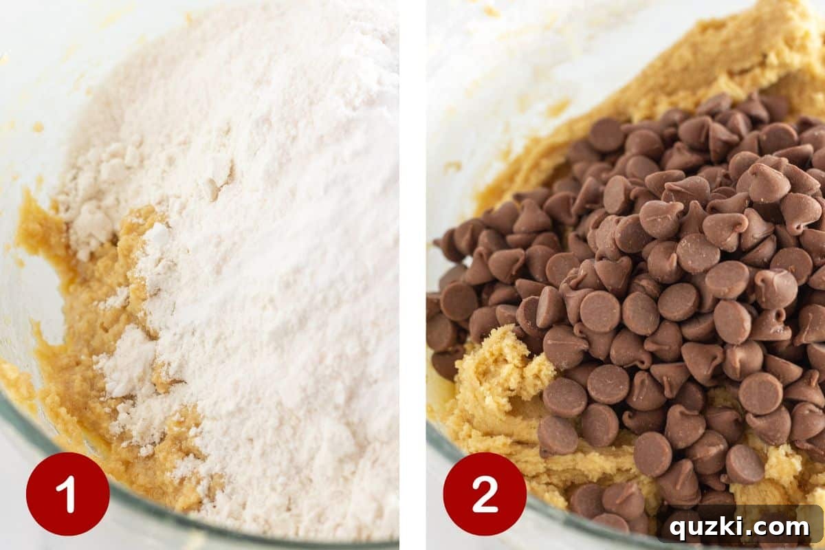 A two-part image showing step 1: creaming butter and sugars, and step 2: adding dry ingredients and chocolate chips to the cookie dough.