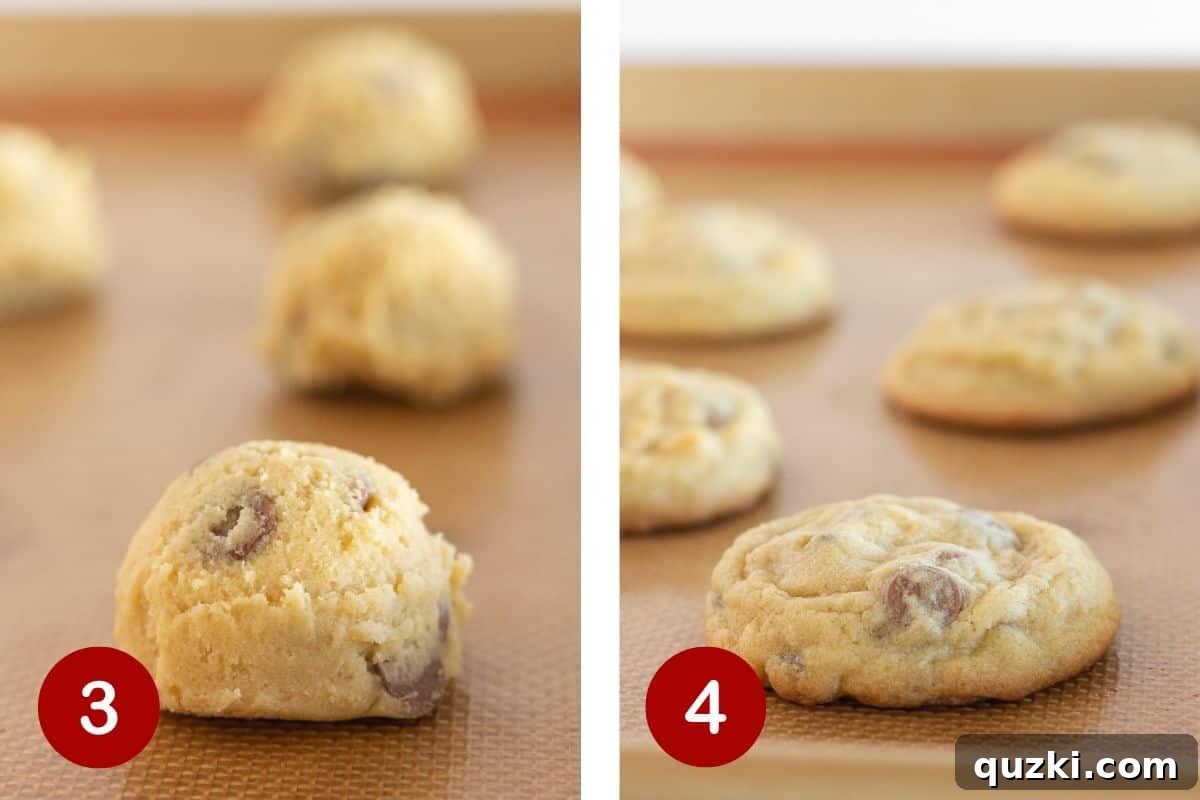 A two-part image showing step 3: scooping cookie dough onto a baking sheet, and step 4: baked cookies cooling on the sheet before being moved to a rack.