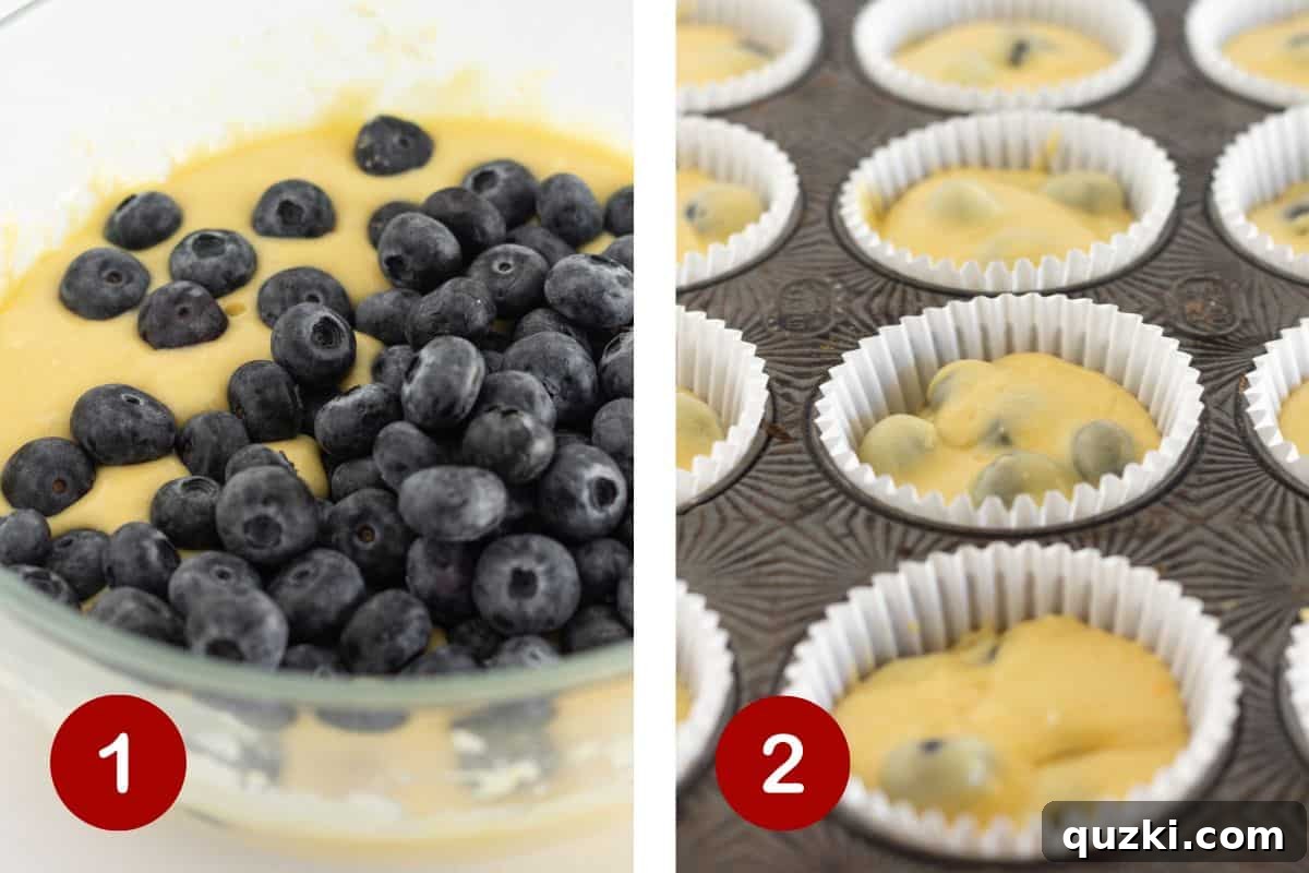 Effortless Blueberry Cake Mix Muffins 4 The process of preparing the blueberry muffin batter and filling the individual muffin cups.