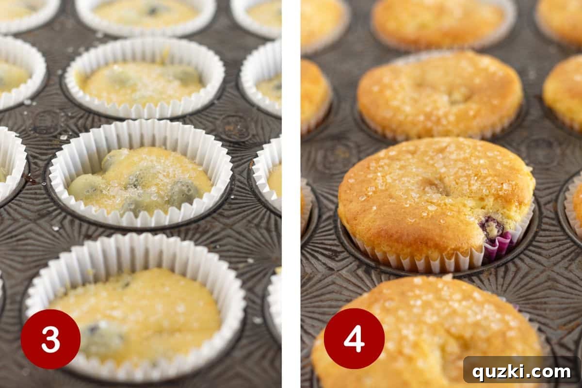 Effortless Blueberry Cake Mix Muffins 5 The muffins are being topped with sanding sugar before baking, showcasing the final preparation steps.