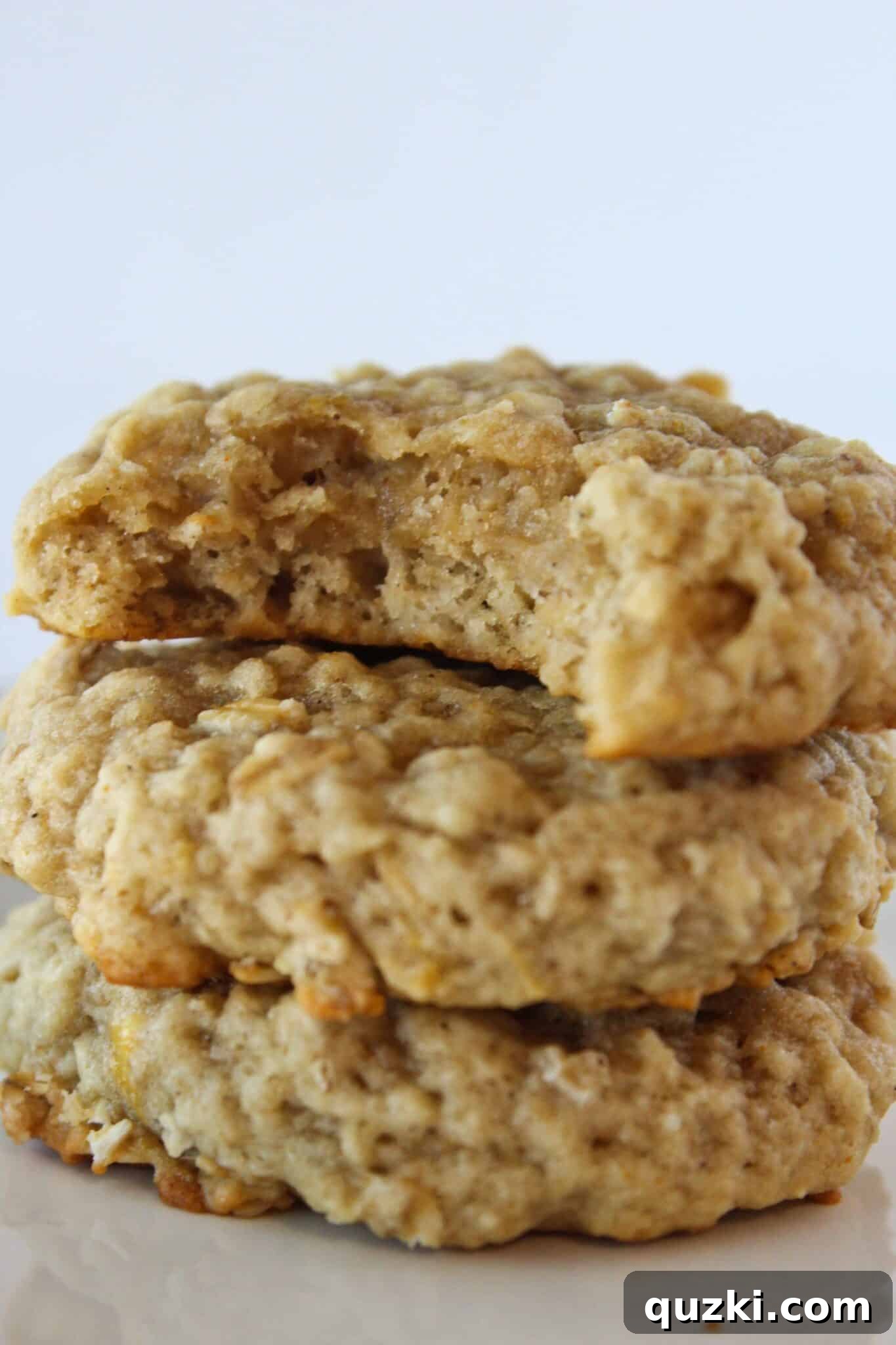 Nutty Brown Butter Banana Oatmeal Cookies 2 Delicious Brown Butter Banana Oatmeal Cookies arranged on a cooling rack, showcasing their golden brown edges and soft texture. A top-down view highlights the perfect bake of these homemade treats.