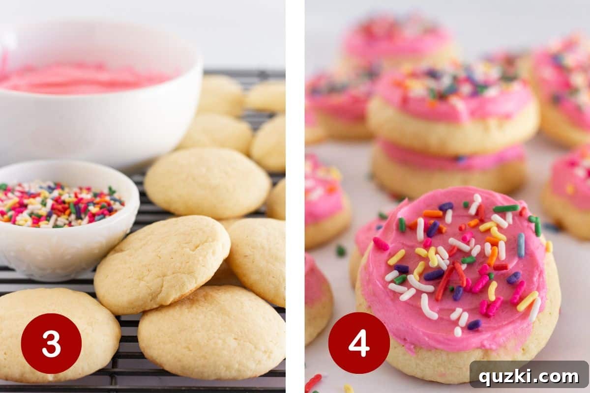 Cloudlike Lofthouse Sugar Cookies 5 The process of assembling Lofthouse sugar cookies: baking, frosting, and decorating with sprinkles.