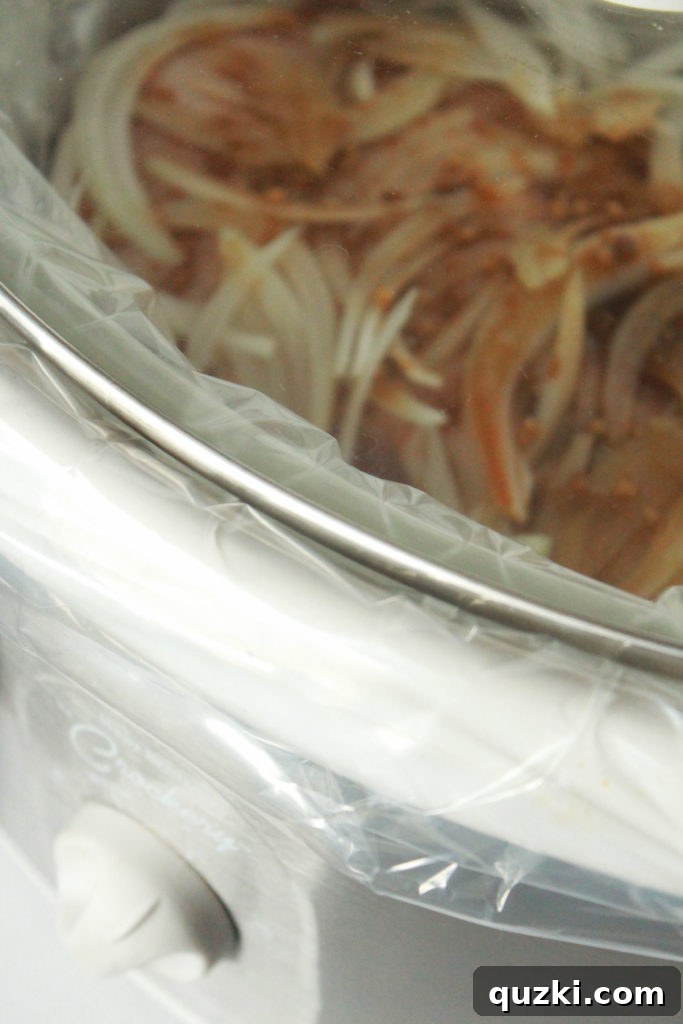 Lid placed on a slow cooker, indicating the start of the cooking process for the Korean pork roast.