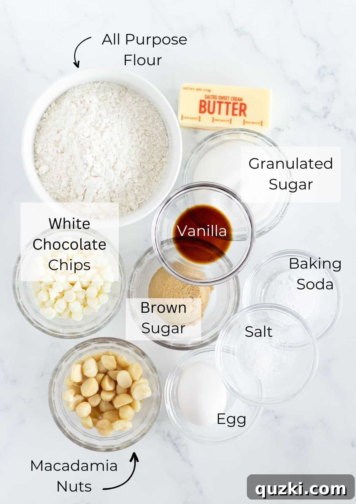 Measured out ingredients perfectly prepped for a baking recipe, demonstrating 'mise en place'.