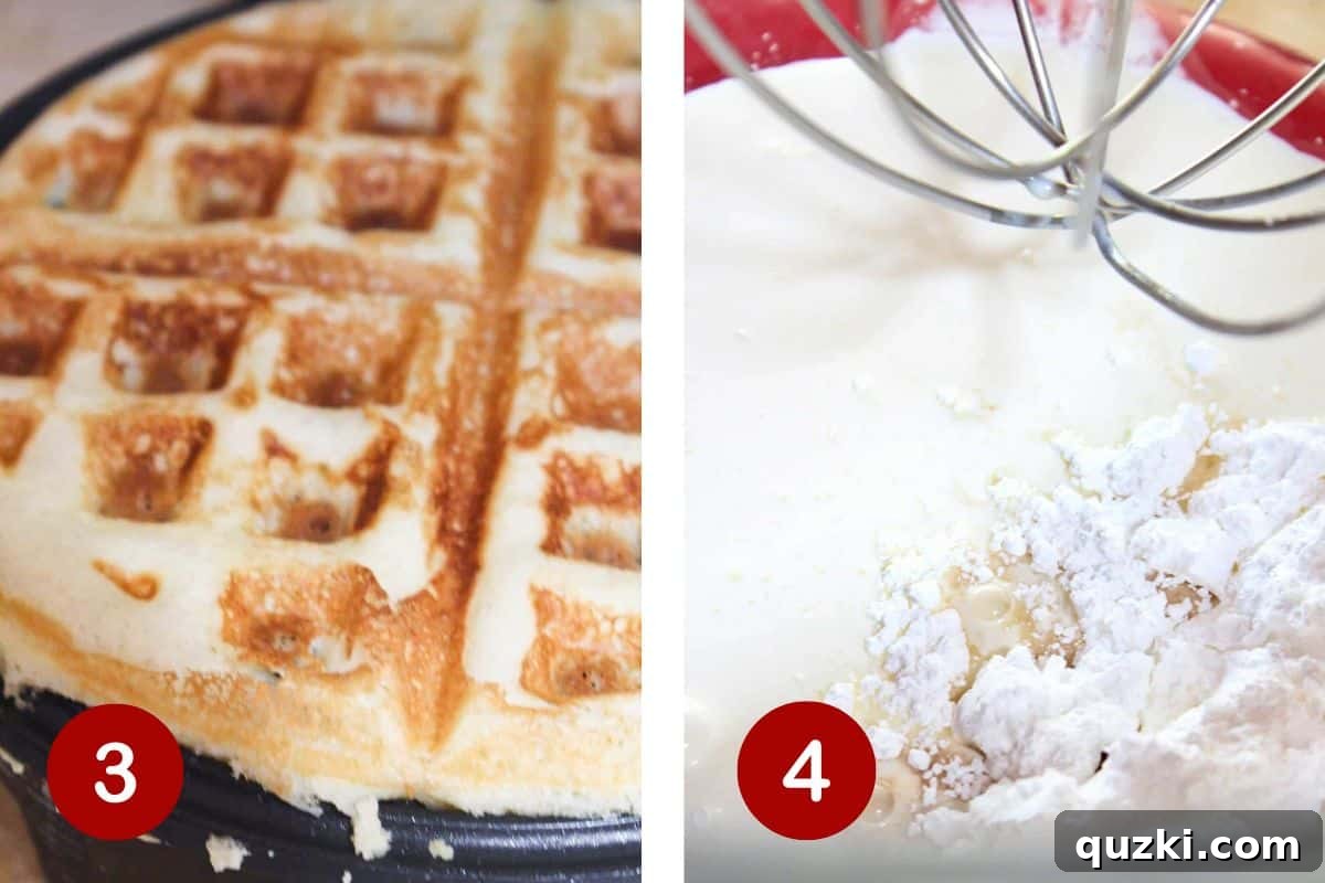 Towering Vanilla Waffle Cake 4 Carefully removing a perfectly cooked vanilla waffle cake layer from the waffle iron and mixing ingredients for fluffy homemade whipped cream.