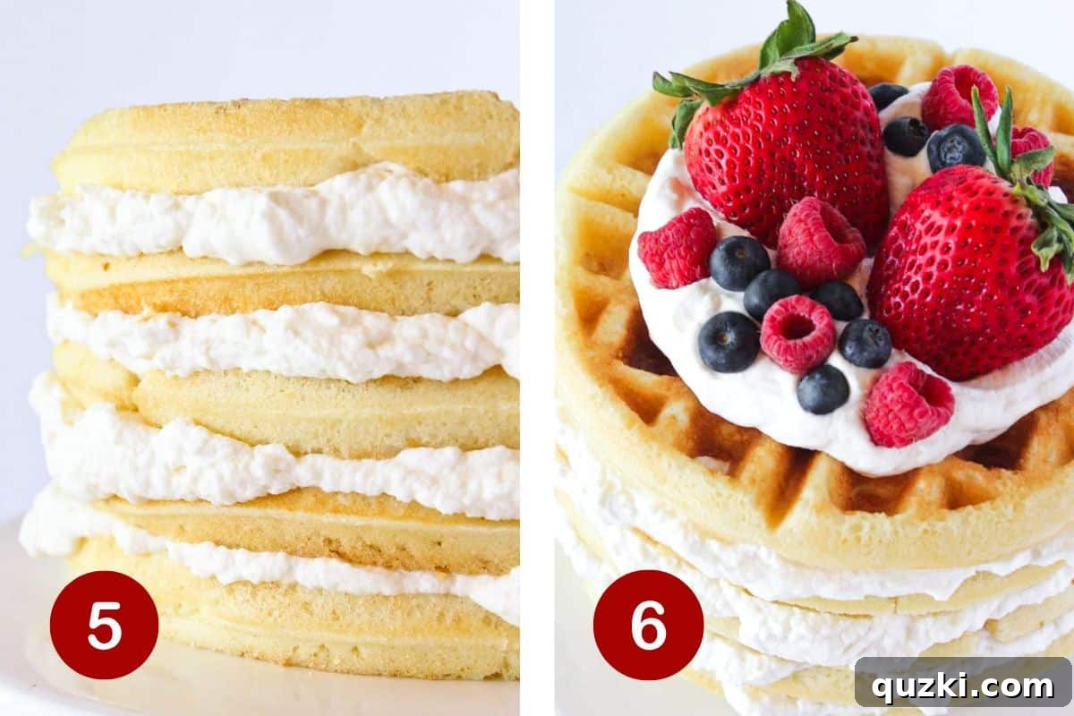 Towering Vanilla Waffle Cake 5 Carefully spreading homemade whipped cream between layers of vanilla waffle cake, then artfully garnishing the top with an abundance of fresh, colorful berries.