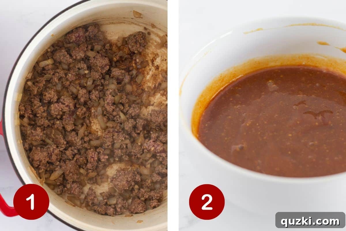 Hearty Ground Beef Baked Beans 4 Two images: one showing ground beef, onions, and garlic cooking in a pan, and the other showing a small bowl with ketchup, brown sugar, apple cider vinegar, and mustard being whisked together.