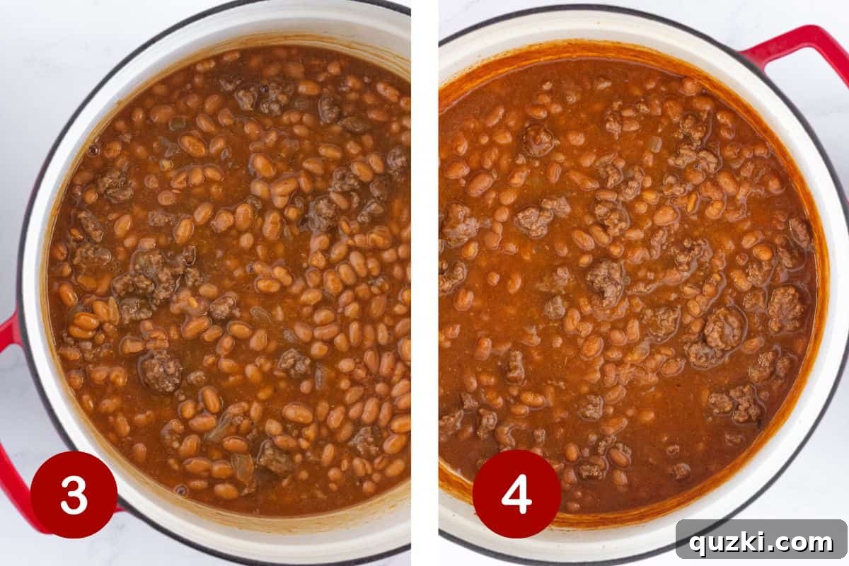 Hearty Ground Beef Baked Beans 5 Two images: one shows the pork and beans and sauce being added to the browned ground beef mixture in a Dutch oven, and the other shows the baked beans simmering and thickening in the oven.