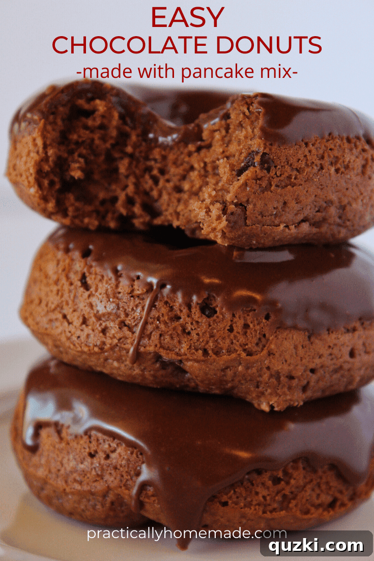 Easy Chocolate Donuts Recipe with Pancake Mix featured by top US dessert blog, Practically Homemade