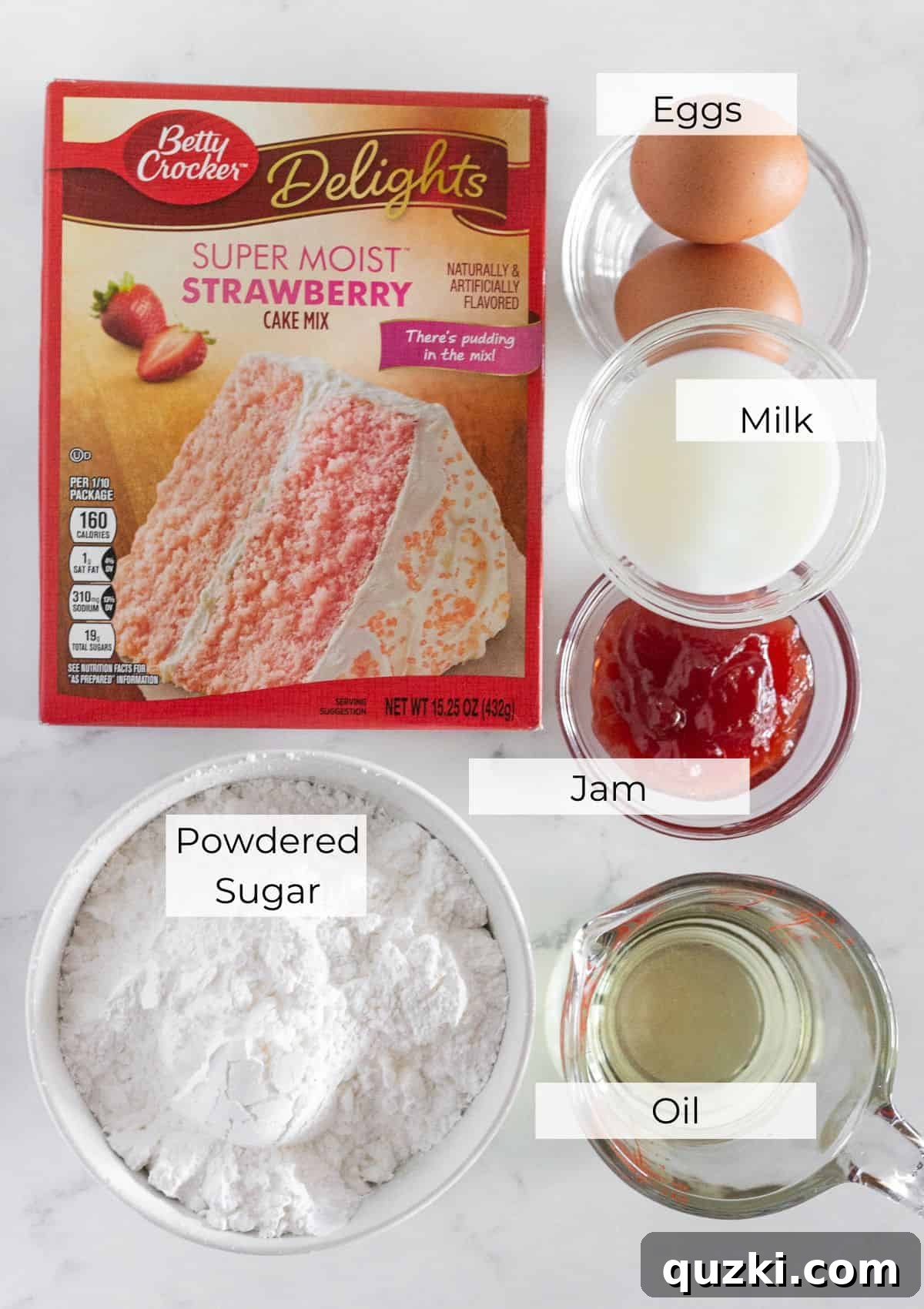 Pillowy Strawberry Cake Cookies 3 All the ingredients neatly arranged for making homemade strawberry cake mix cookies.