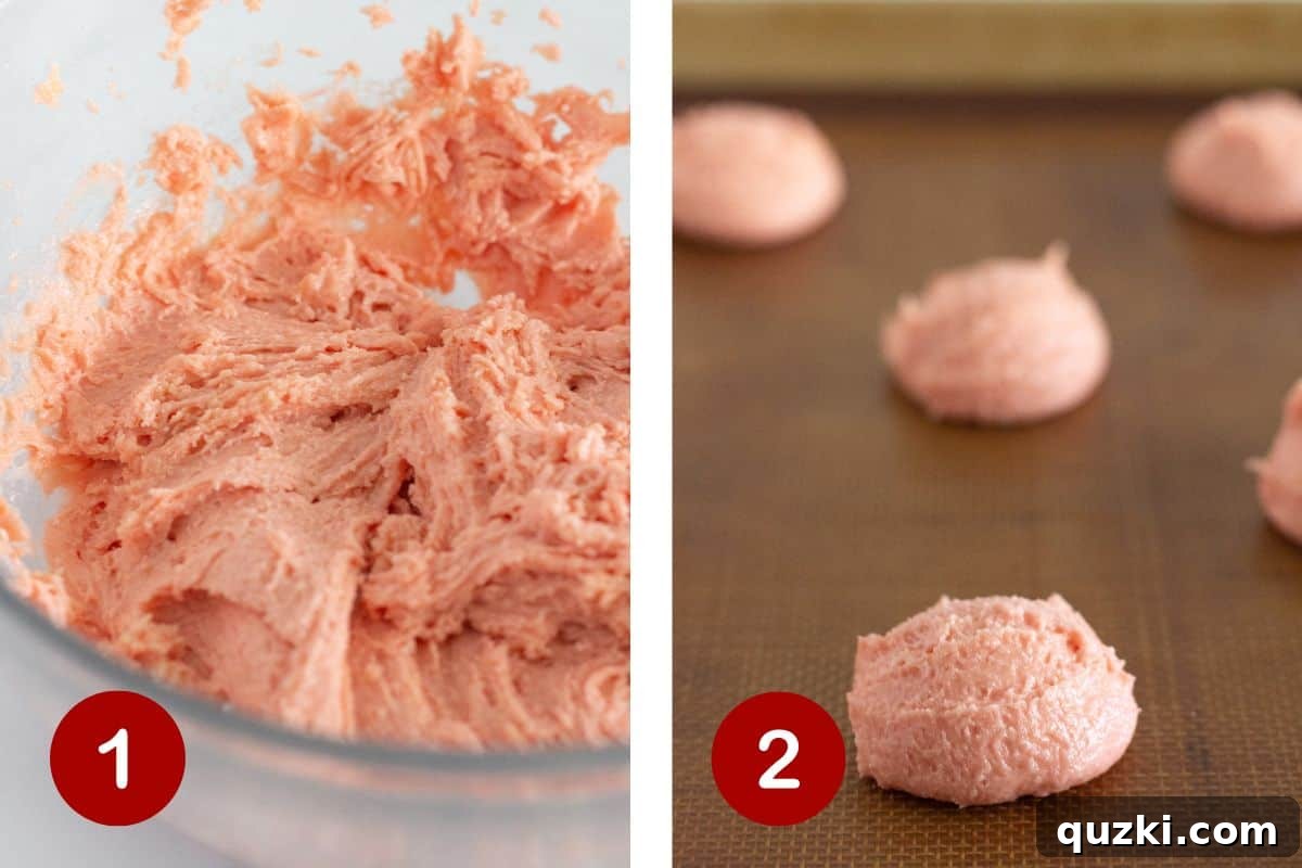 Pillowy Strawberry Cake Cookies 4 Visual steps: mixing the strawberry cookie dough and scooping perfect balls onto a baking sheet.