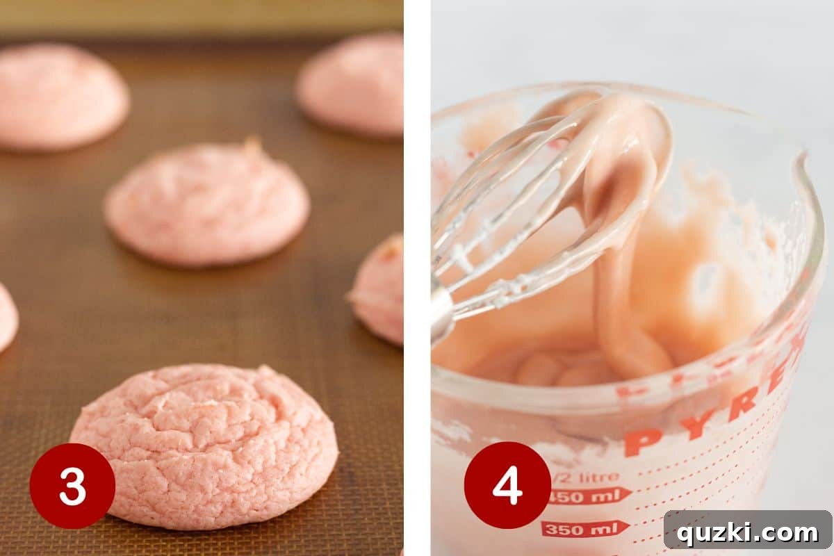 Pillowy Strawberry Cake Cookies 5 The process of baking strawberry cookies and preparing the smooth, vibrant strawberry glaze.