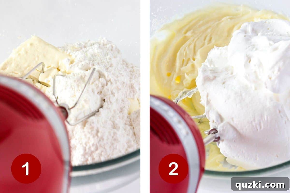 No-Bake Cheesecake Dip for Fruit 3 Combining the cream cheese, powdered sugar and whipped topping to make the cheesecake dip.