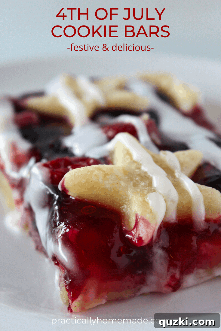 Festive Fourth of July Cookie Bars 3 A closer look at the delicious 4th of July Cookie Bars, showcasing the vibrant red cherry and blue blueberry filling beneath a star-spangled cookie topping.