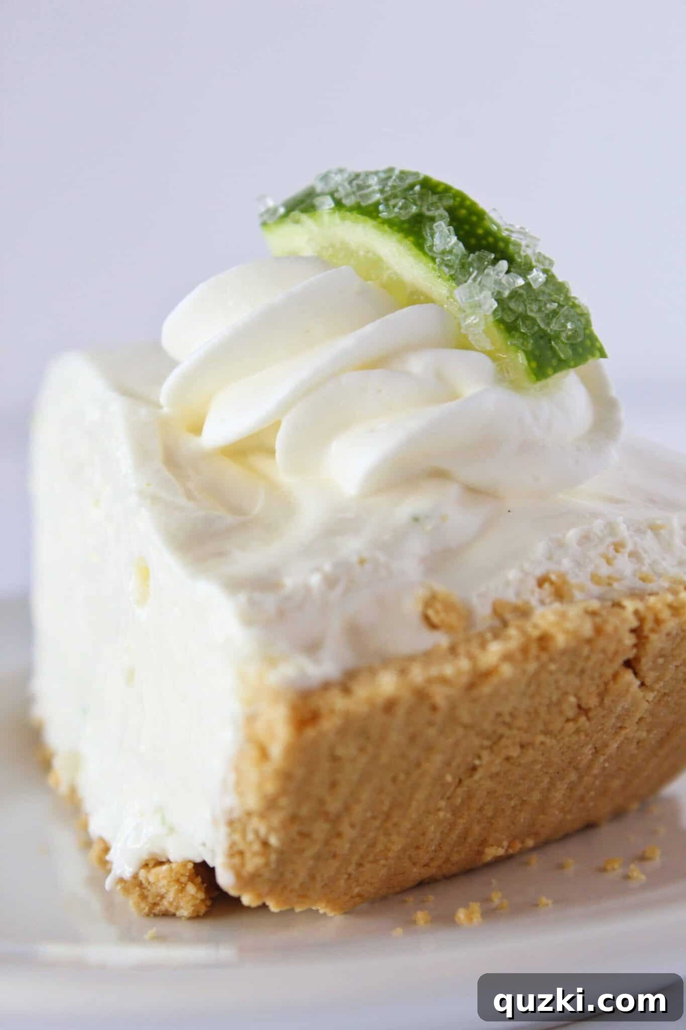 Effortless Margarita Cheesecake Dream 8 A perfectly sliced piece of no bake margarita cheesecake, showing its creamy texture and graham cracker crust.