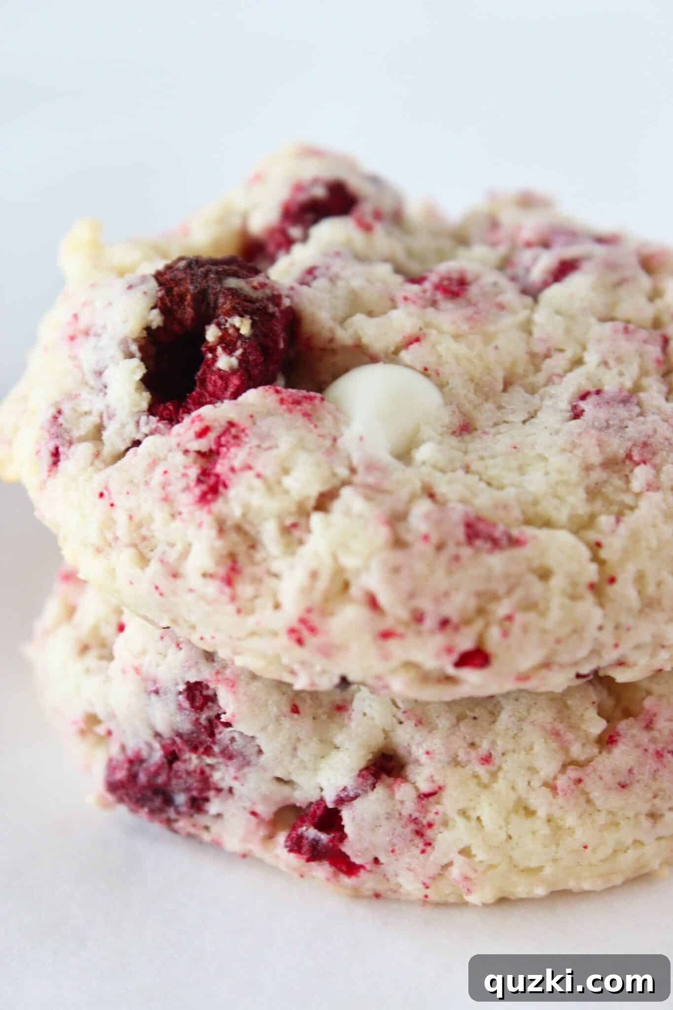 Subway's Iconic Raspberry Cheesecake Cookies Make Them At Home 11 Stack of freshly baked Copycat Subway Raspberry Cheesecake Cookies with a bite taken out, revealing the raspberry and white chocolate interior.