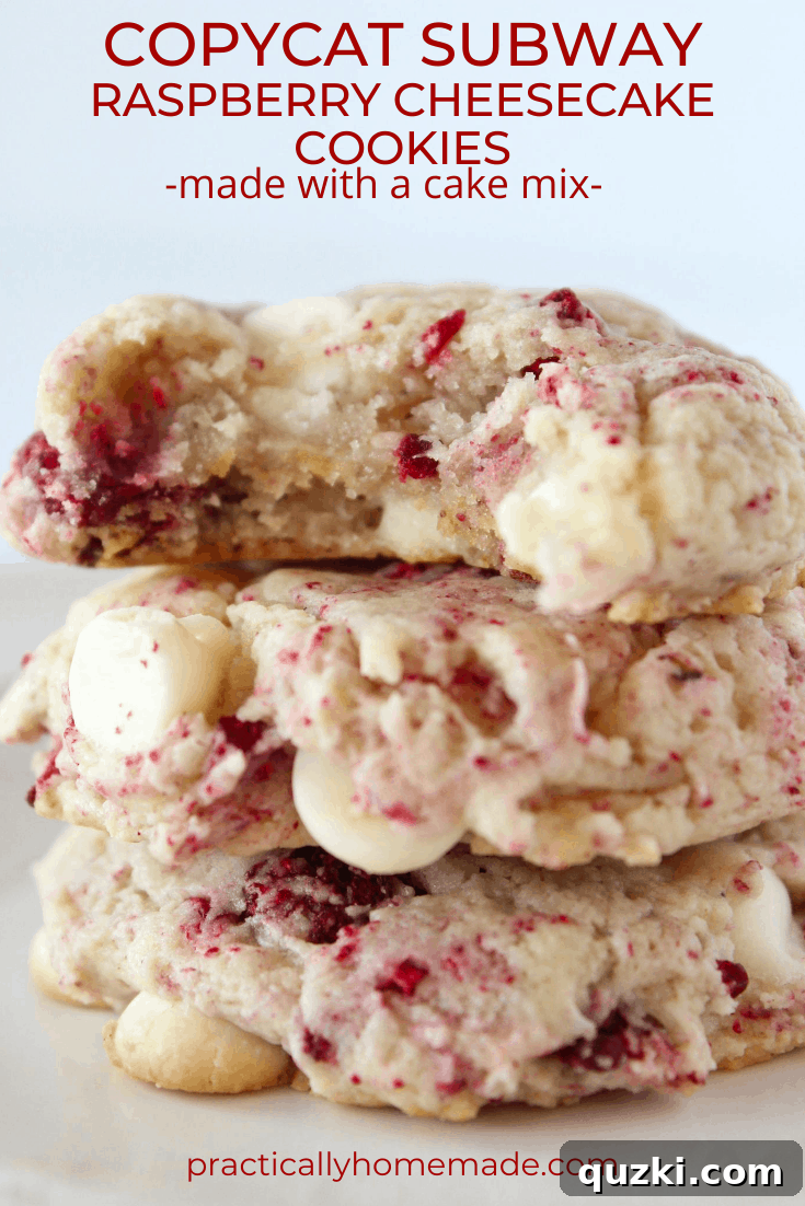 Subway's Iconic Raspberry Cheesecake Cookies Make Them At Home 3 Closeup of Copycat Subway Raspberry Cheesecake Cookies, showcasing the freeze-dried raspberries and white chocolate chips embedded in the soft dough.