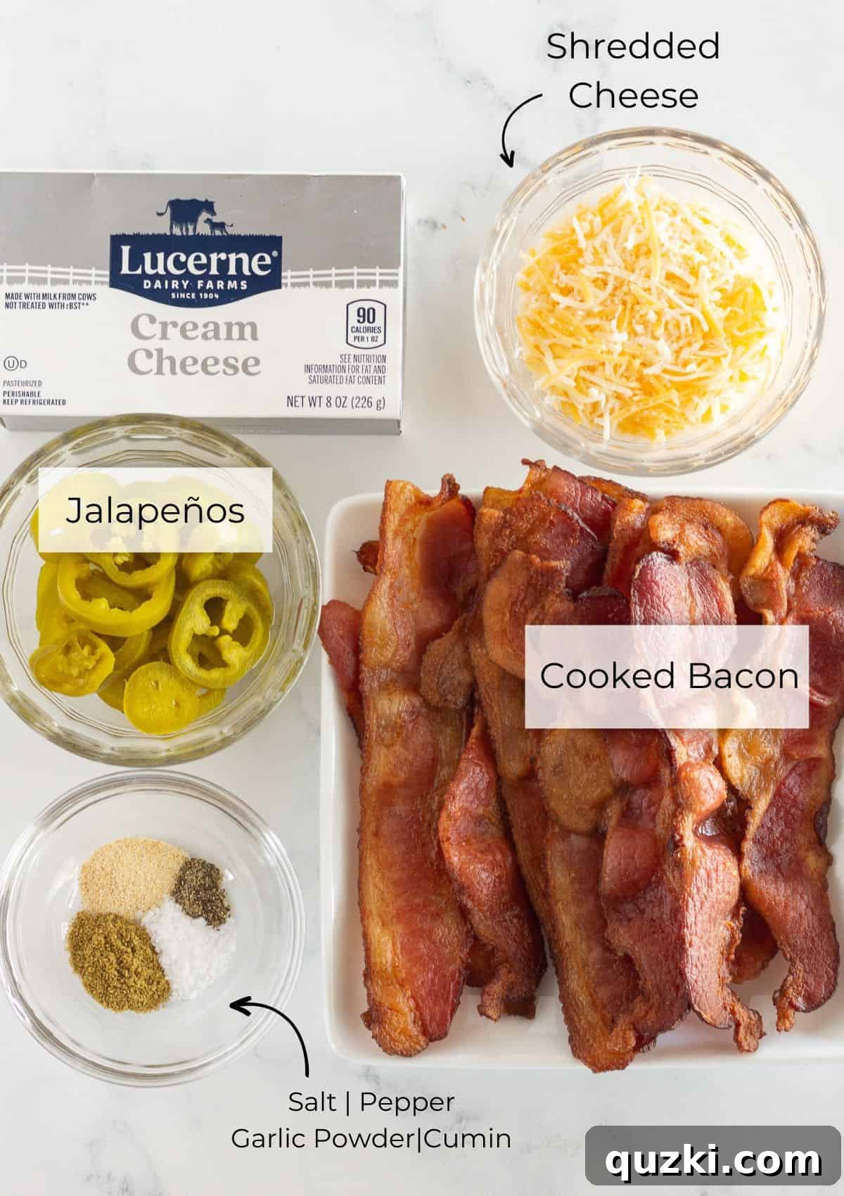 Game Day Jalapeño Popper Dip 3 A flat lay of fresh ingredients laid out on a clean surface, including blocks of cream cheese and cheddar, a jar of pickled jalapeños, and cooked bacon strips, all essential for making the cheese ball.