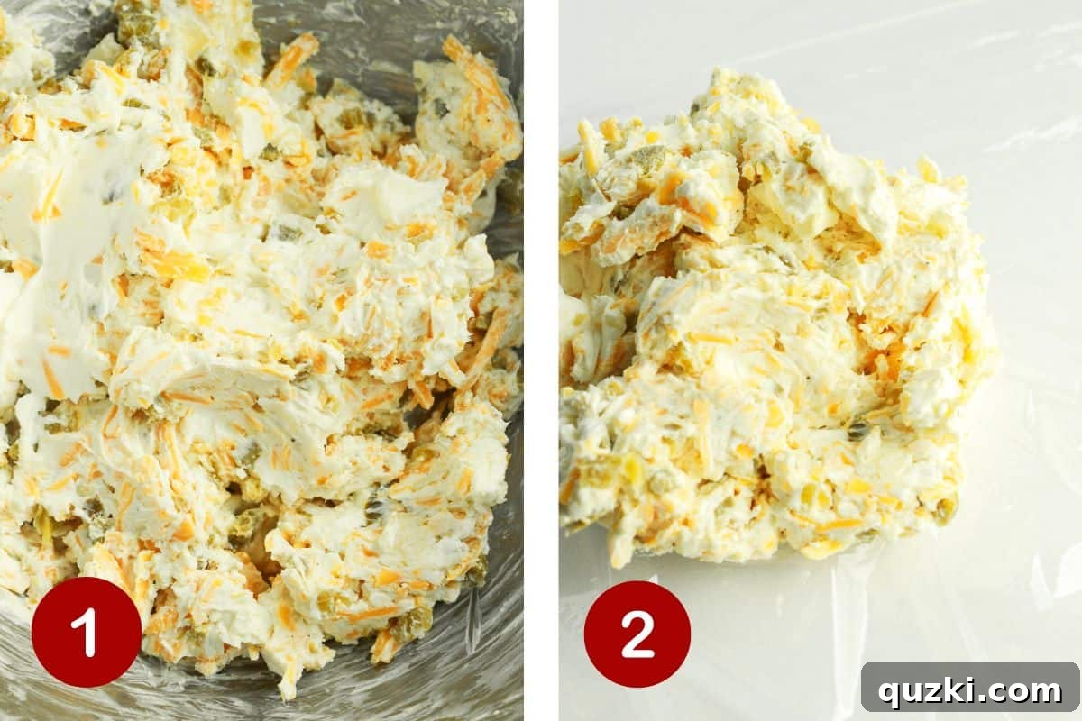 Game Day Jalapeño Popper Dip 4 A visual guide showing the process of combining cheese ball ingredients in a bowl, followed by placing the mixture onto plastic wrap for shaping.