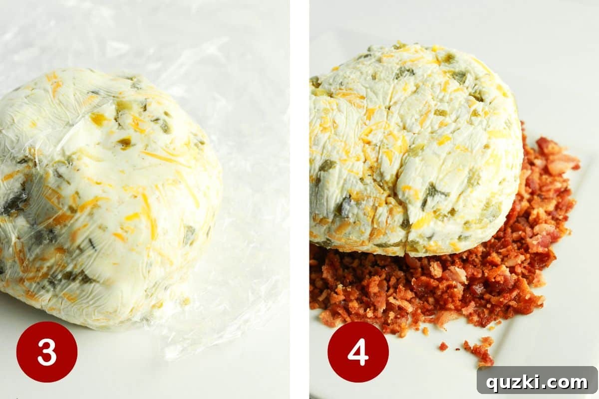 Game Day Jalapeño Popper Dip 5 Sequential images demonstrating how to use plastic wrap to effectively shape the cheese ball into a perfect sphere and then how to roll it generously in crispy bacon.