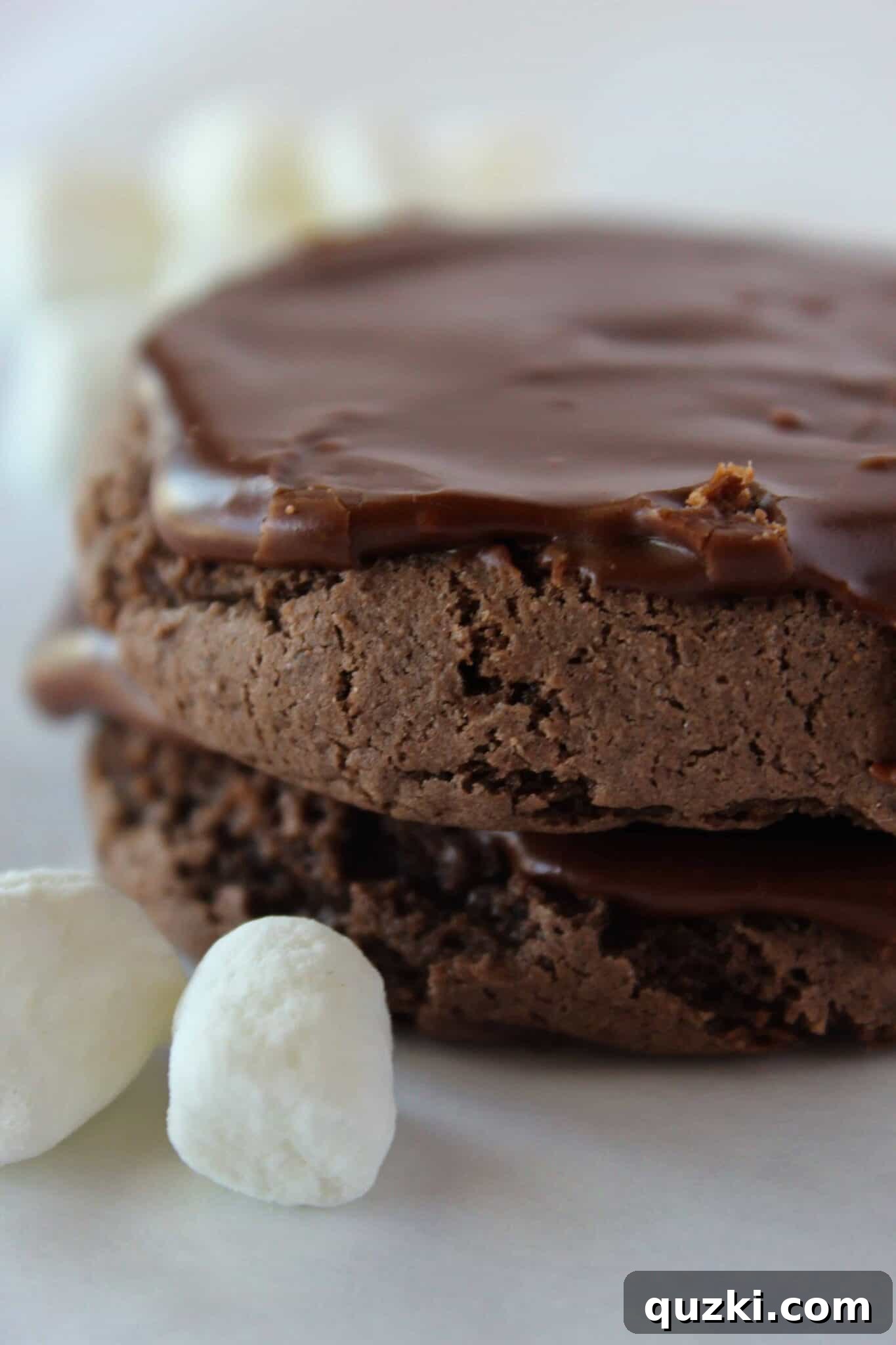 Close-up of a Mississippi Mud Cookie, showcasing its chocolatey goodness and marshmallow filling