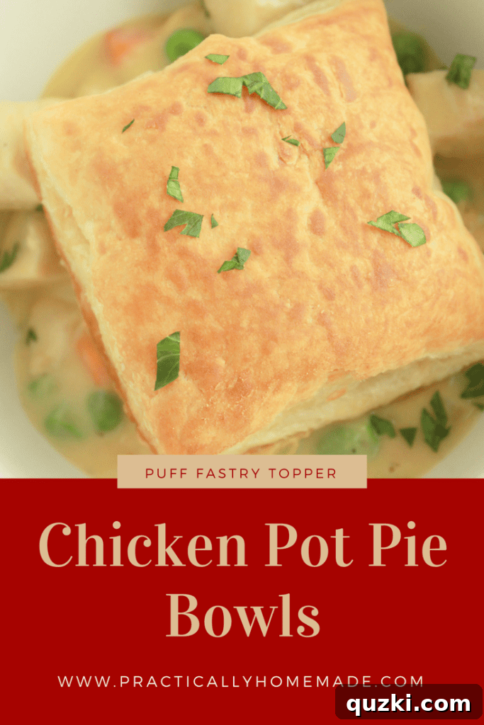 Delicious chicken pot pie bowl with a golden puff pastry topper