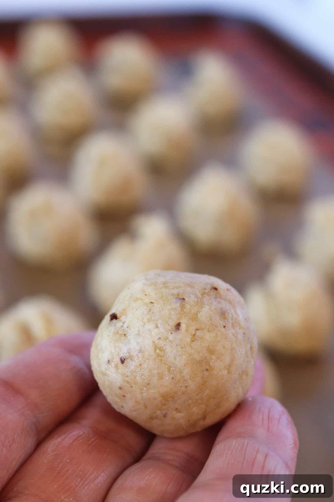 No-Bake Pecan Sandies Truffles 9 Pecan Sandies truffle balls rolled and placed on a baking sheet, ready for chilling