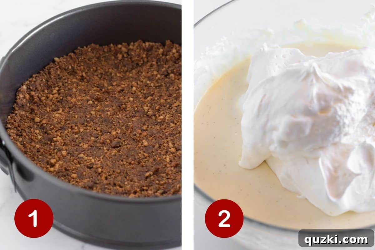 Two images: one showing the cookie crust being pressed into a springform pan, and the other showing the creamy cheesecake filling being mixed in a bowl.