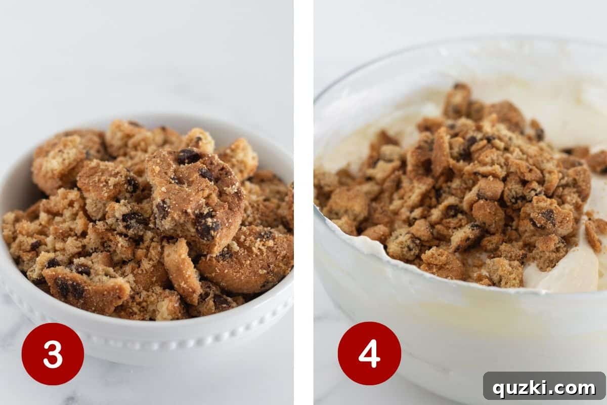 Two images: one showing chocolate chip cookies being chopped on a cutting board, and the other showing the chopped cookies being folded into the cheesecake filling.